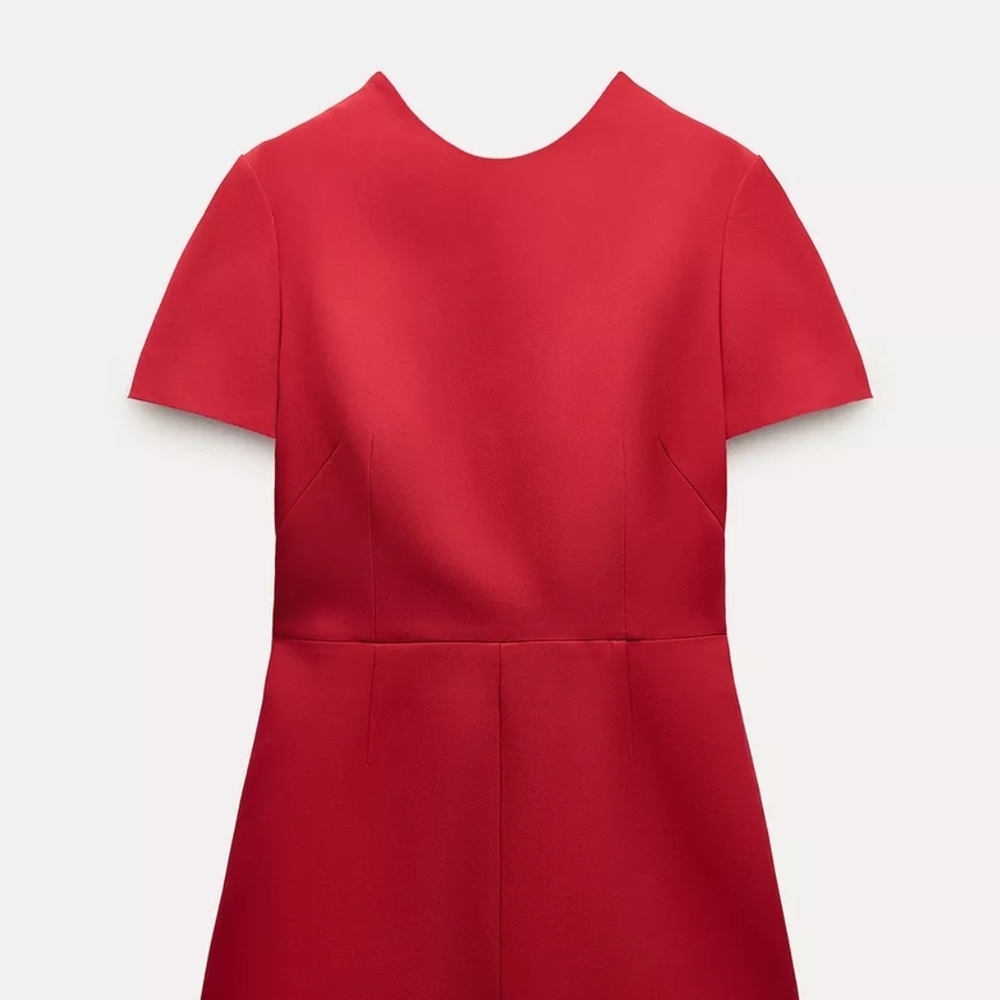 Zara Intense Red Jumpsuit Crew Neck Front ,Backless W/ Bow Accents
